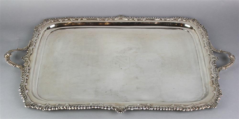 Appraisal: VICTORIAN SILVER TWO-HANDLED RECTANGULAR TRAY London maker's mark H E