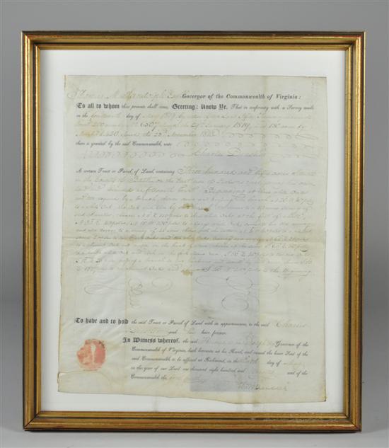 Appraisal: Virginia Land Grant Signed by Thomas M Randolph Land grant