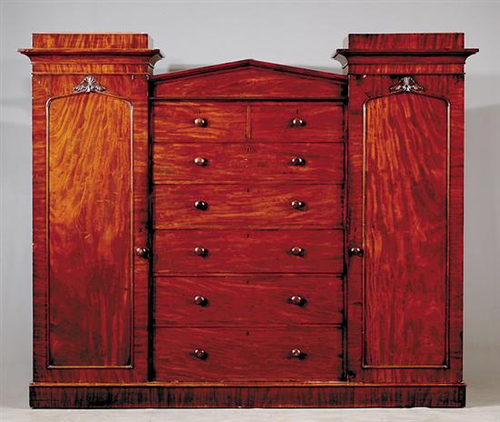 Appraisal: William IV mahogany inverted breakfront clothespress circa stacked and molded