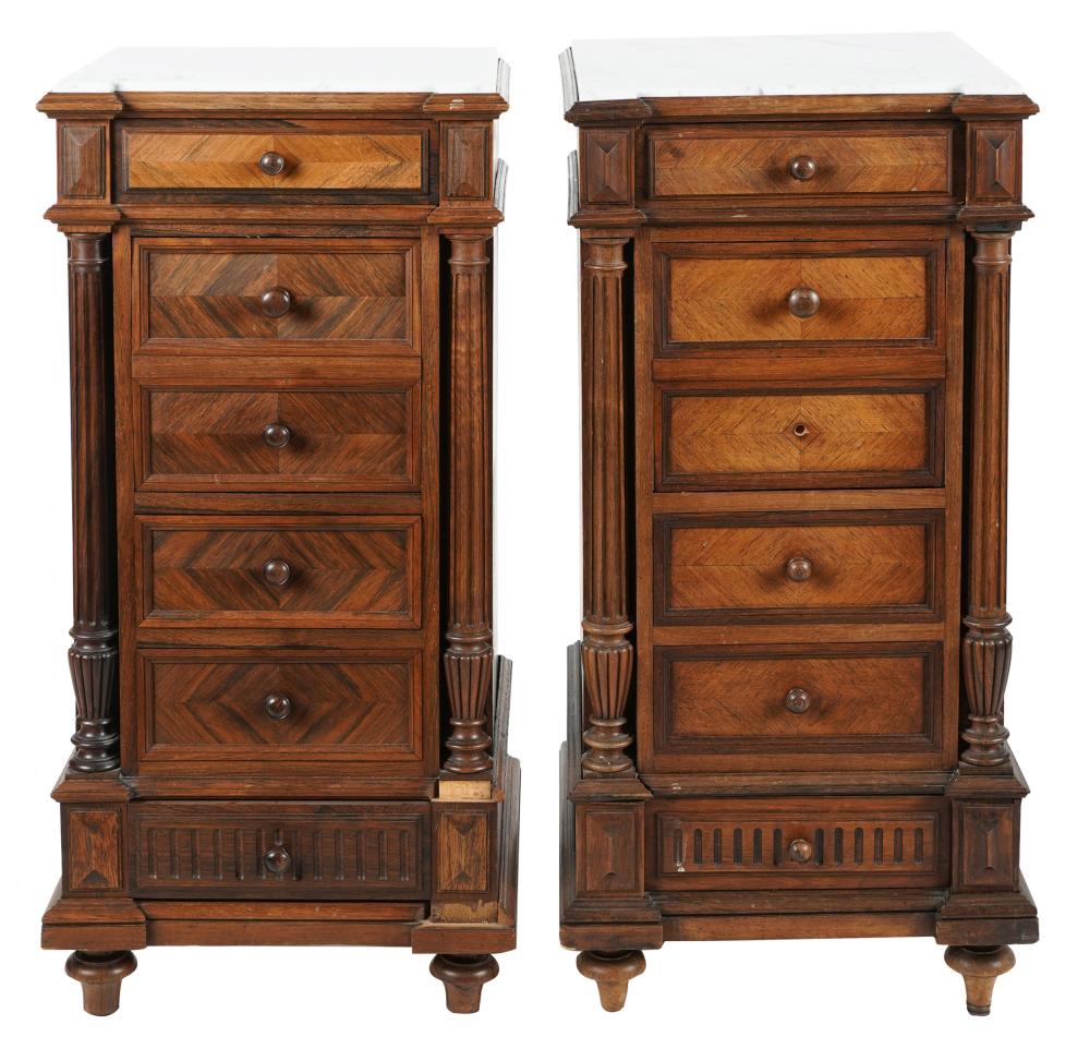 Appraisal: PAIR OF VICTORIAN WALNUT BEDSIDE CHESTSeach with marble top over