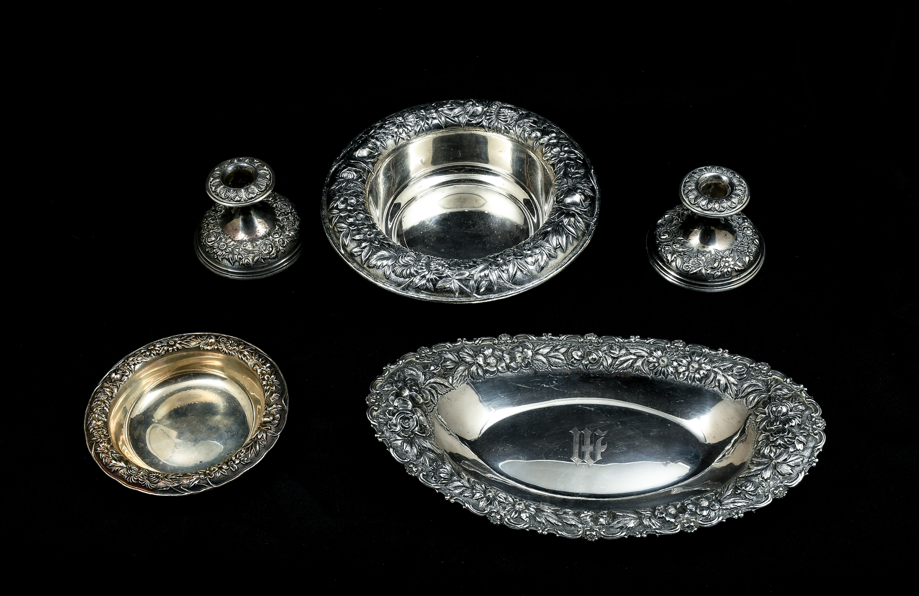 Appraisal: S KIRK STIEFF REPOUSSE BOWLS CANDLESTICKS Approx Weighable Troy ounces