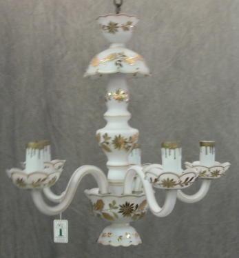 Appraisal: Arm White Milk Glass Chandelier with Crystals and Gilt Trim