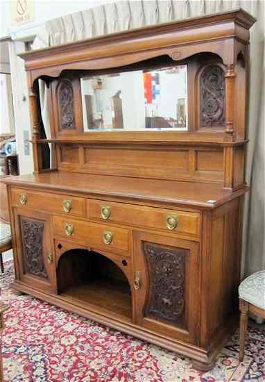 Appraisal: CARVED OAK SIDEBOARD English c in two sections top mirror-panel