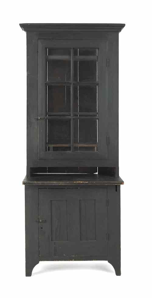 Appraisal: Diminutive painted pine two-part wall cupboard mid th c retaining