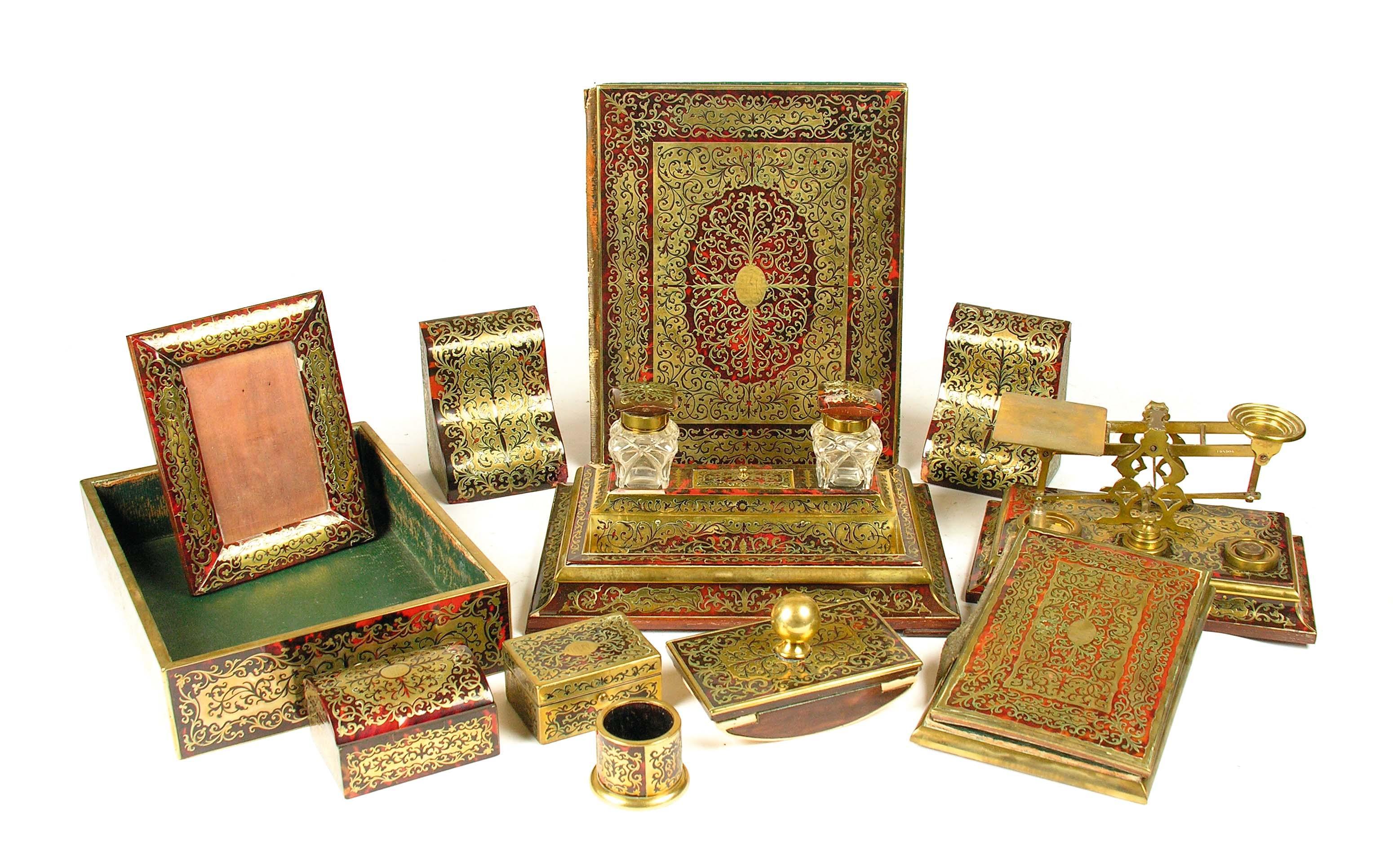 Appraisal: A boulle and rosewood desk set