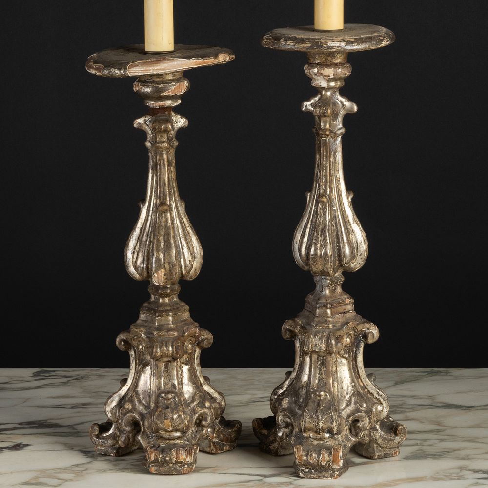 Appraisal: Pair of Italian Silver-Gilt Metal Altar Sticks Mounted as Lamps