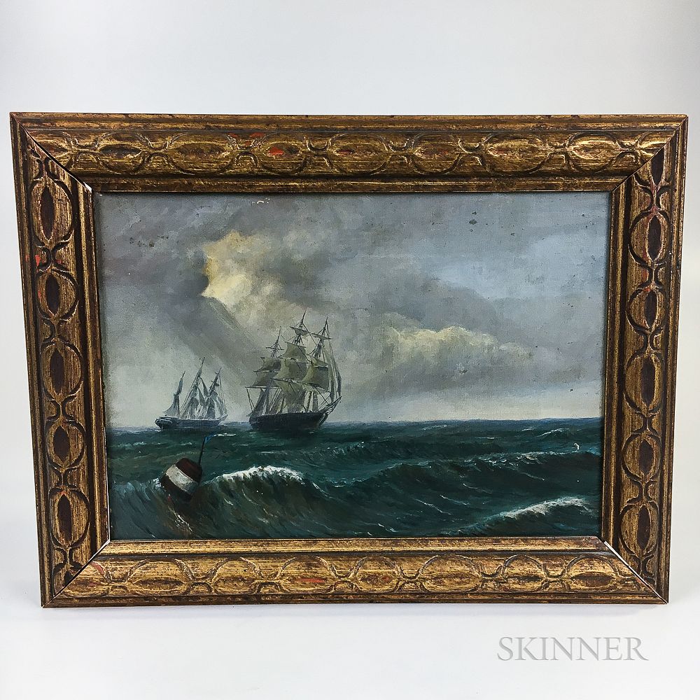 Appraisal: American School th Century Maritime Scene with Ships Under Sail