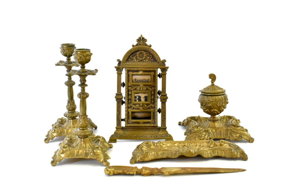 Appraisal: GERMAN GILT BRONZE SIX-PIECE DESK SETCirca Comprising a pair of