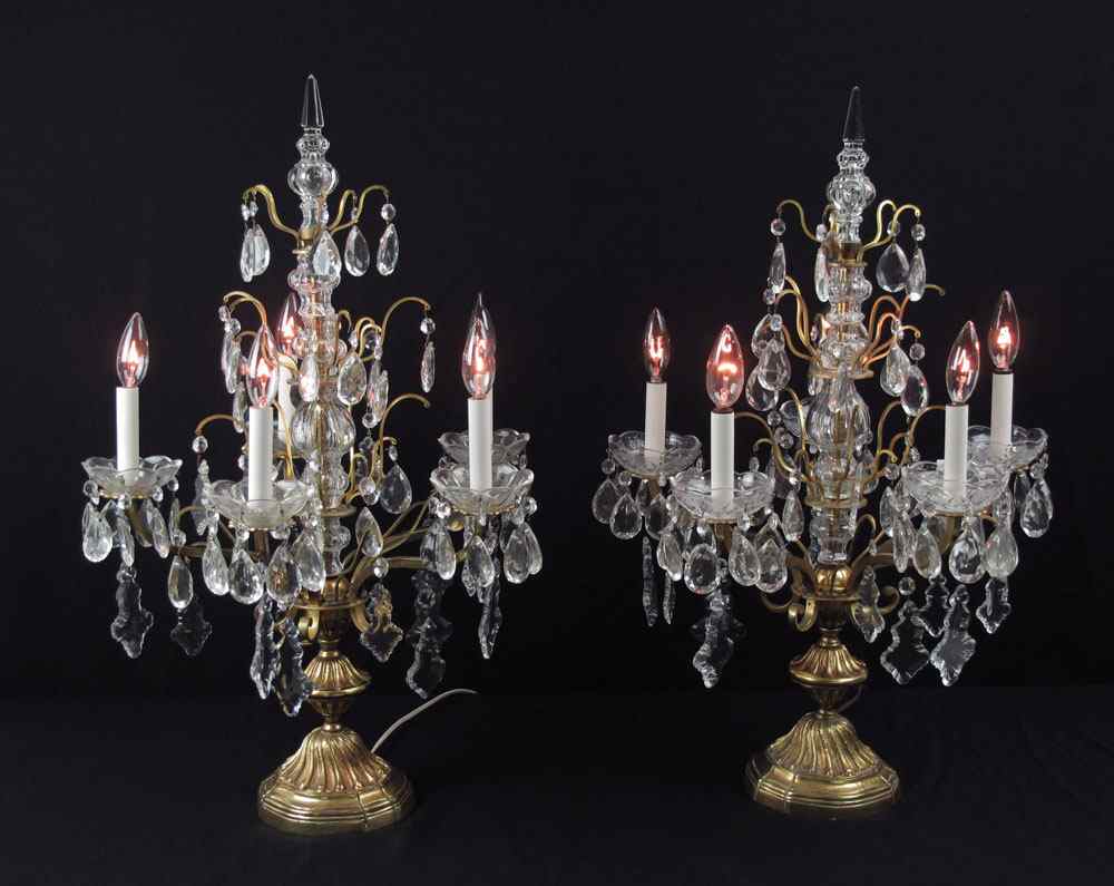 Appraisal: PAIR TABLE TOP CHANDELIER LAMPS light brass bases with center