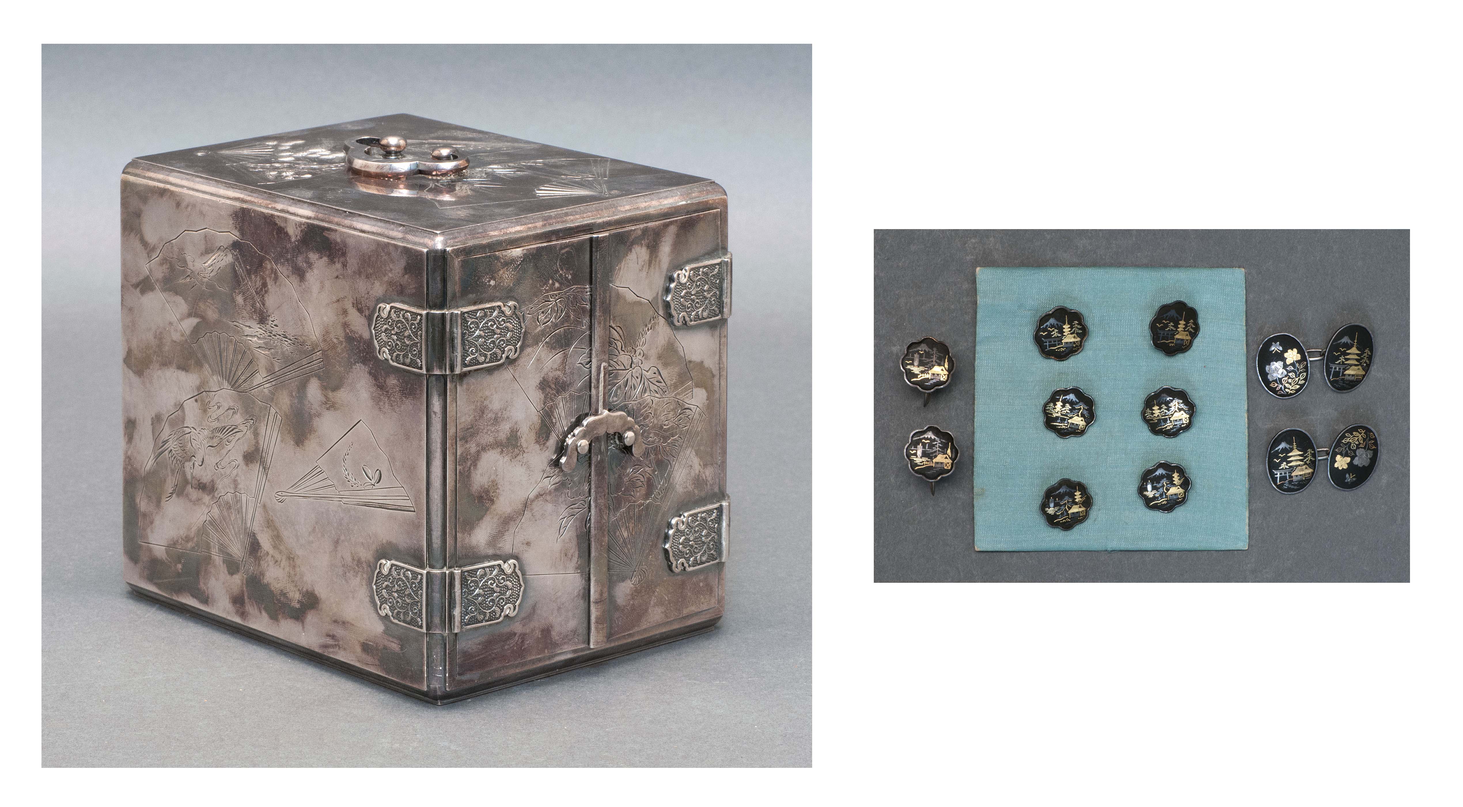 Appraisal: SILVER-MOUNTED JEWELRY BOX CONTAINING KOMAI JEWELRY th CenturyWith incised fan