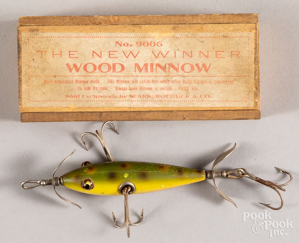 Appraisal: The New Winner Wood Minnow box etc Sears Roebuck Co