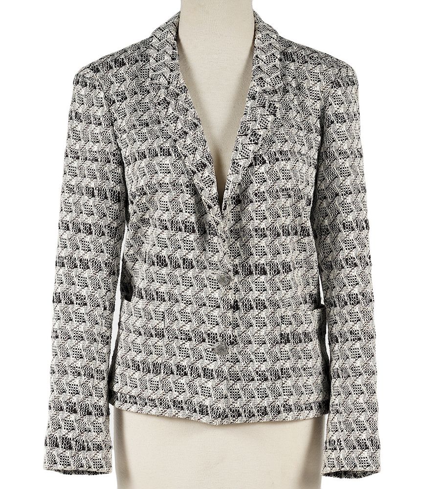 Appraisal: Chanel Black White Silver Woven Blazer Size Chanel Black White