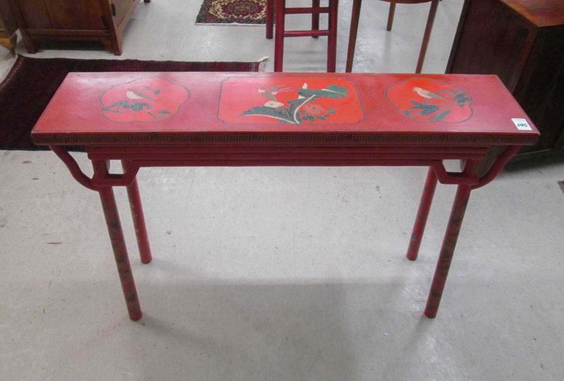 Appraisal: CHINESE RED LACQUER ALTAR TABLE the long and narrow rectangular