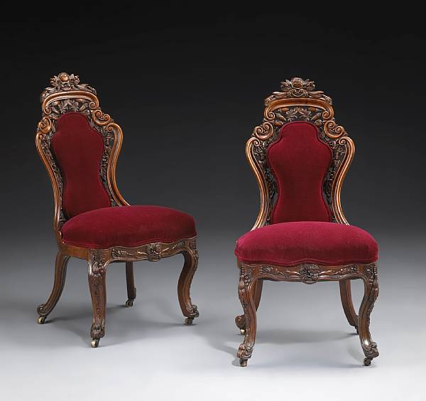 Appraisal: A pair of American Rococo Revival laminated rosewood side chairs