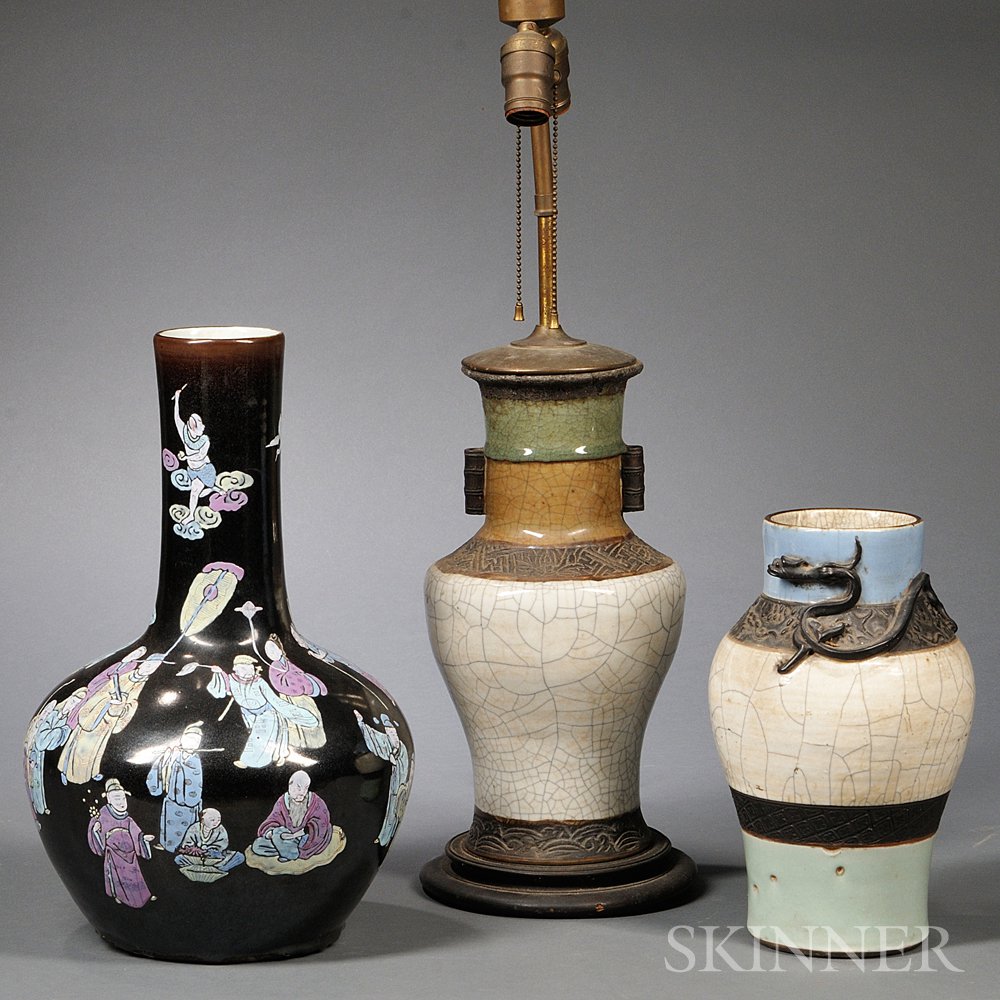 Appraisal: Two Vases and a Lamp Asia th century a black-glazed