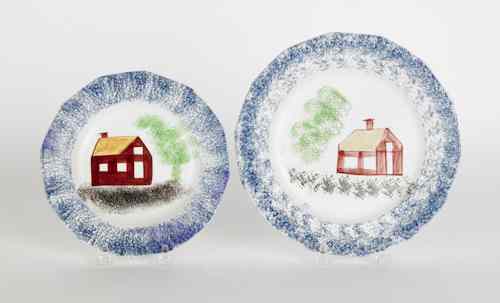 Appraisal: Two blue spatter plates with schoolhouses th c dia and