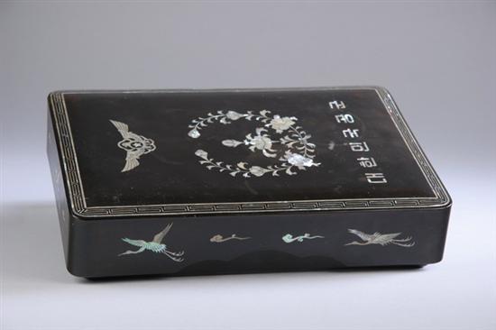 Appraisal: KOREAN LACQUER MOTHER-OF-PEARL INLAID BOX th century Crane and floral