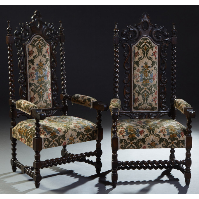 Appraisal: Pair of French Louis XIII Style Carved Oak Fauteuils c