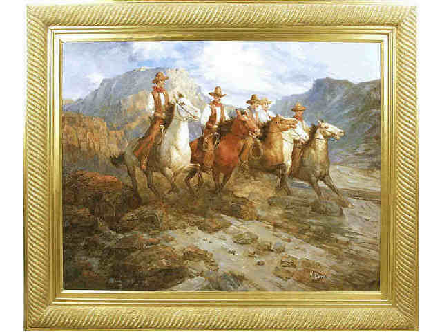 Appraisal: Nicely accomplished framed oil on canvas of Cowboys on horses