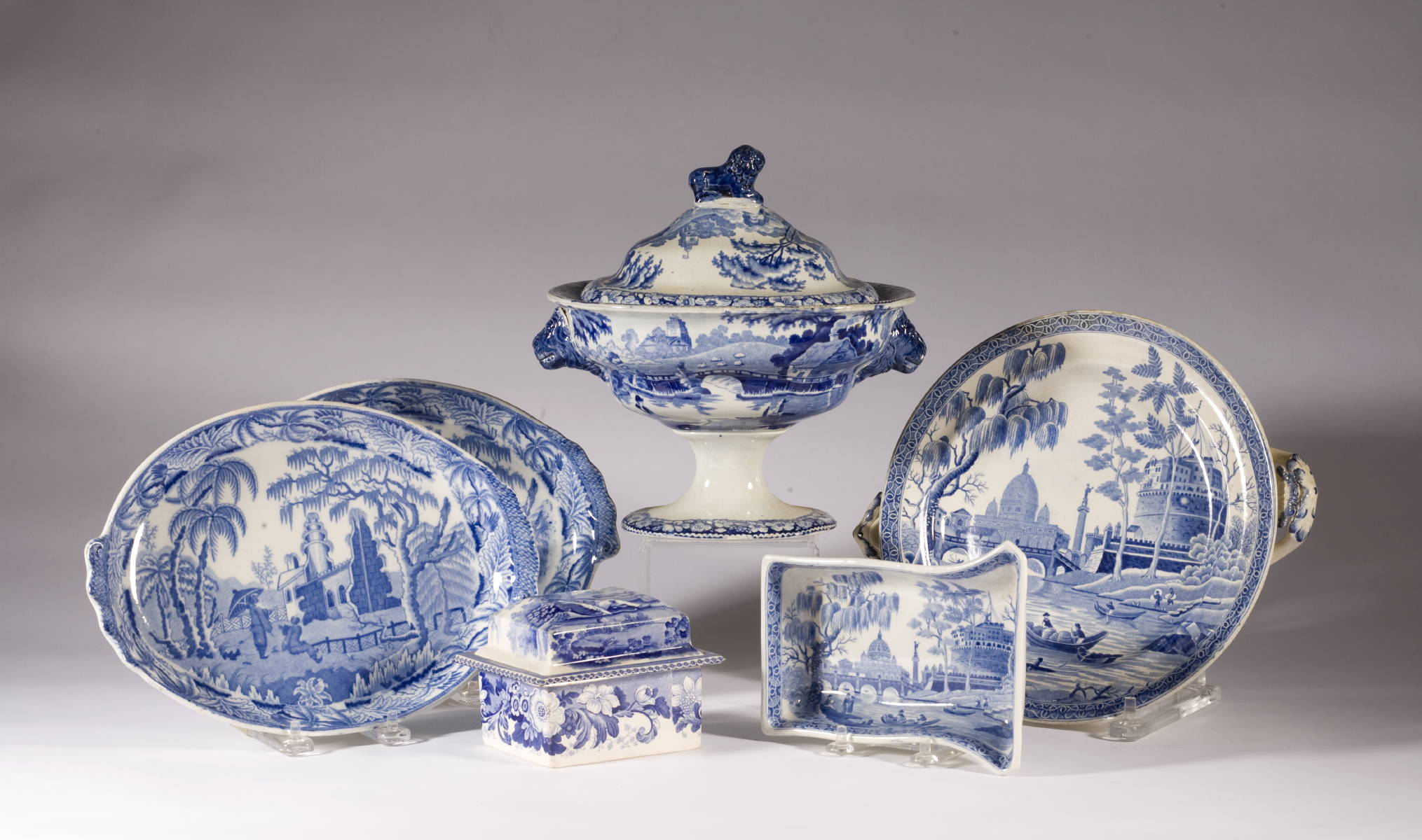 Appraisal: GROUP OF ENGLISH BLUE-TRANSFER DECORATED TABLEWARES INCLUDING A COVERED FOOTED