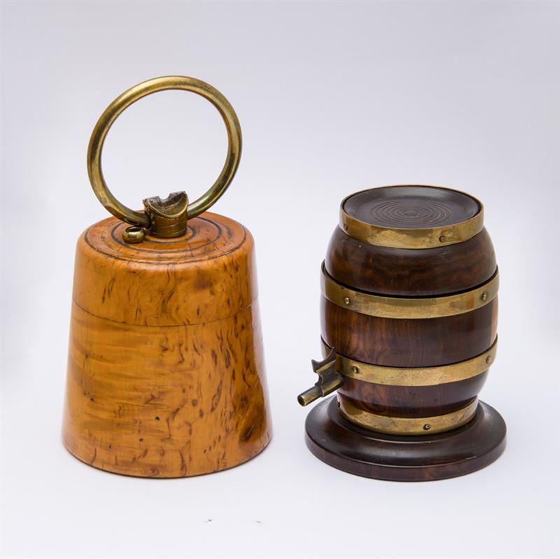 Appraisal: TWO TREENWARE ARTICLES Comprising a brass-banded lignum vitae barrel-form thread