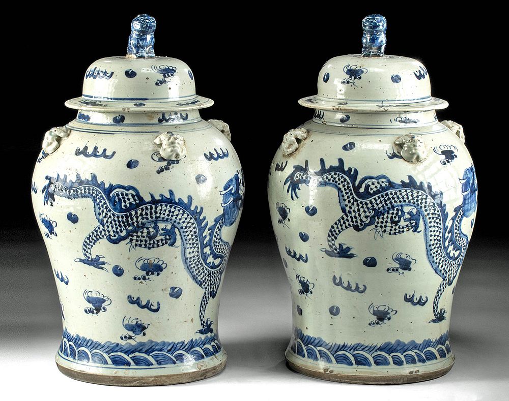 Appraisal: Chinese Qing Pottery Vases w Dragons Foo Dogs pr East