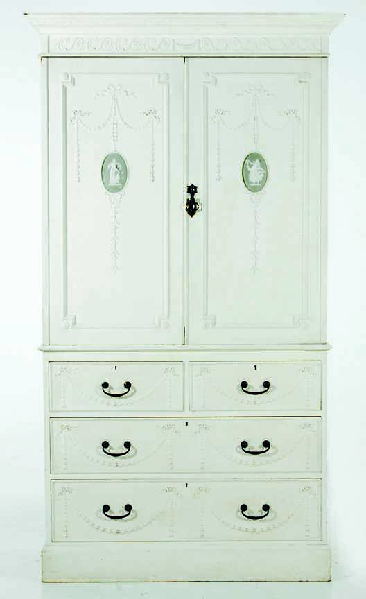 Appraisal: Adam style painted linen press late th century molded cornice