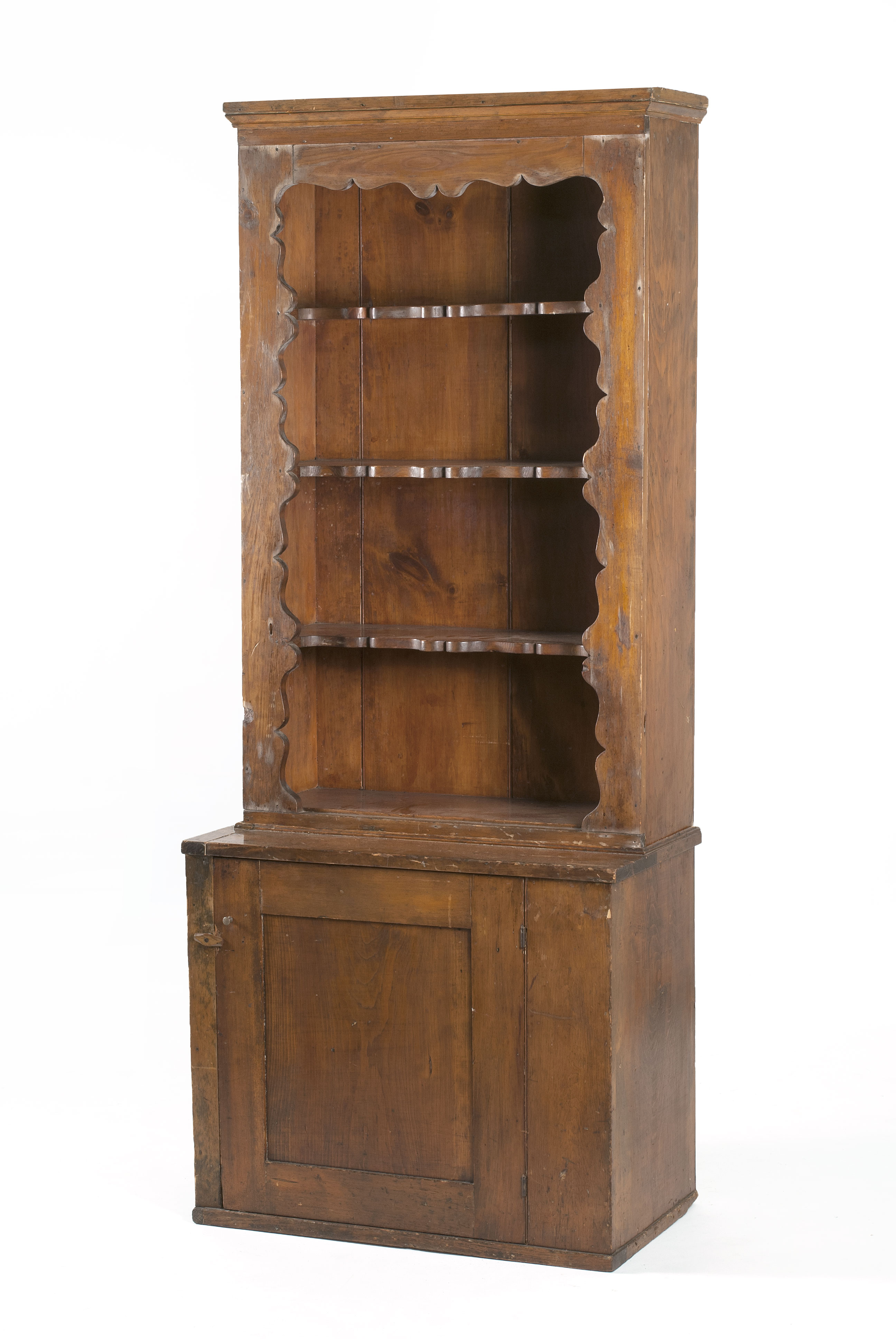 Appraisal: TH CENTURY STEP-BACK CUPBOARD in pine Upper section with shaped