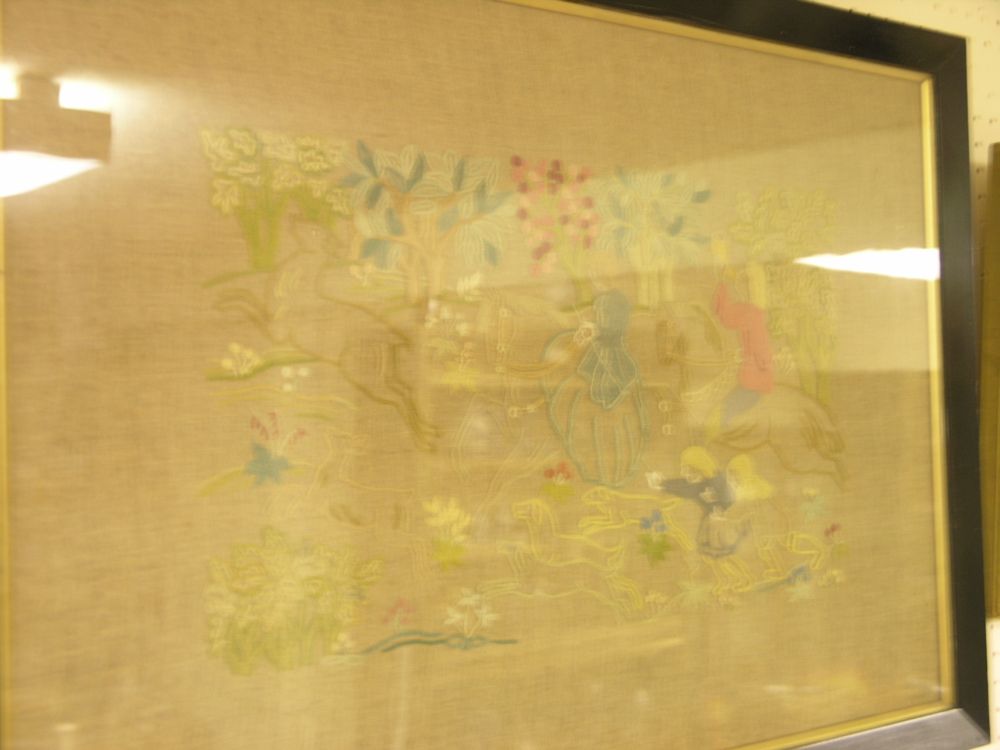 Appraisal: A needlework picture coloured threads hunting scene worked by W