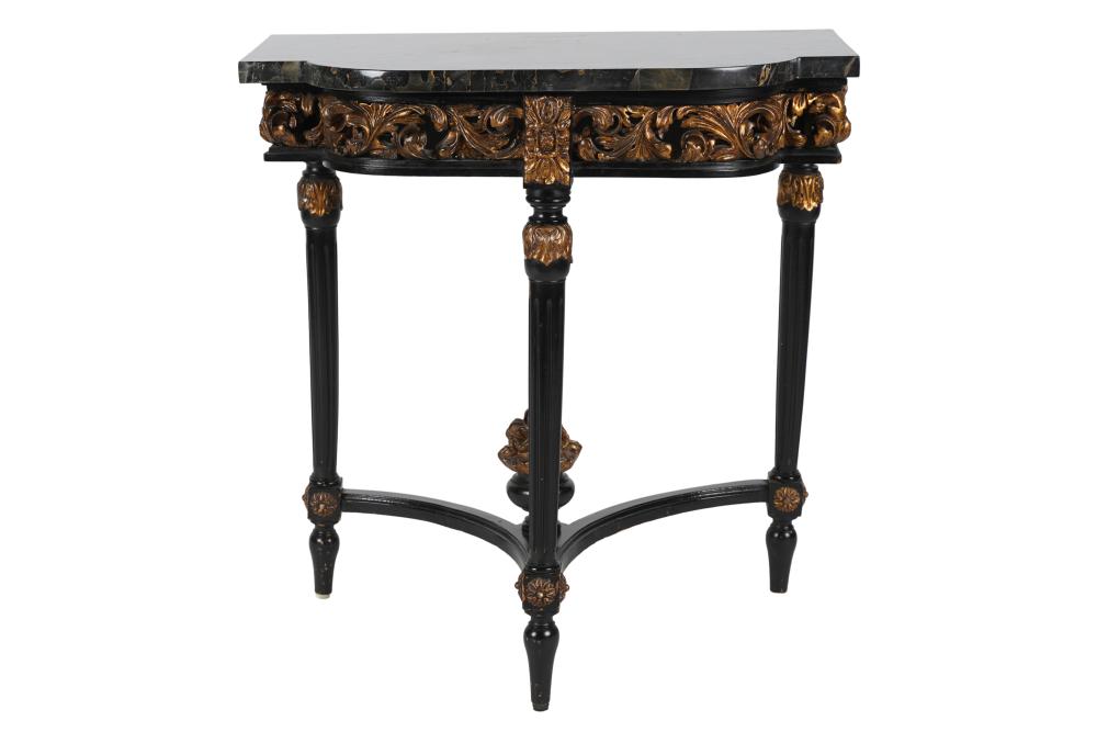 Appraisal: EBONIZED GILT WOOD CONSOLE TABLEwith black marble top over a