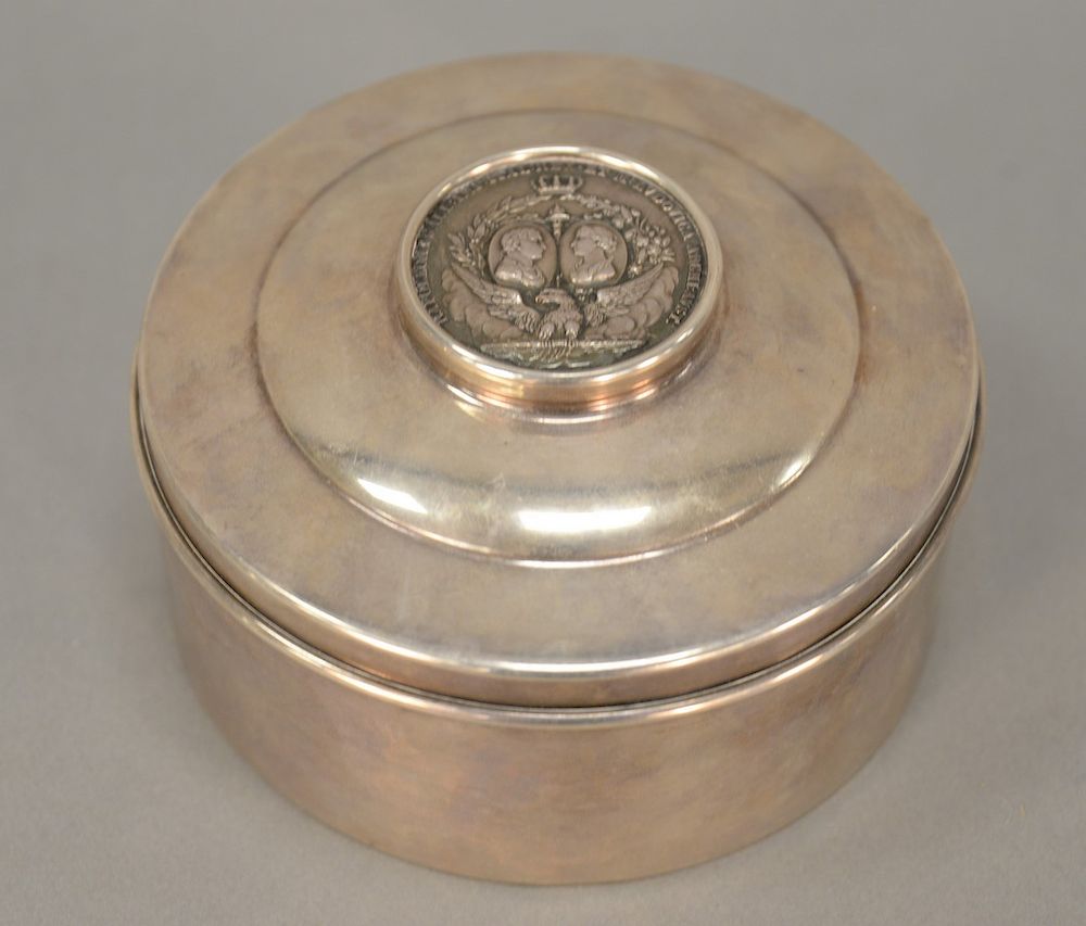 Appraisal: Round sterling silver covered box mounted with Napoleon medallion ht