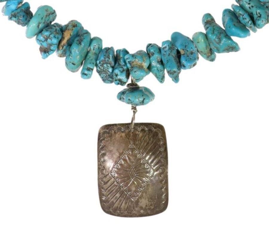 Appraisal: Southwest turquoise pendant necklace graduated freeform turquoise nuggets centering stamped