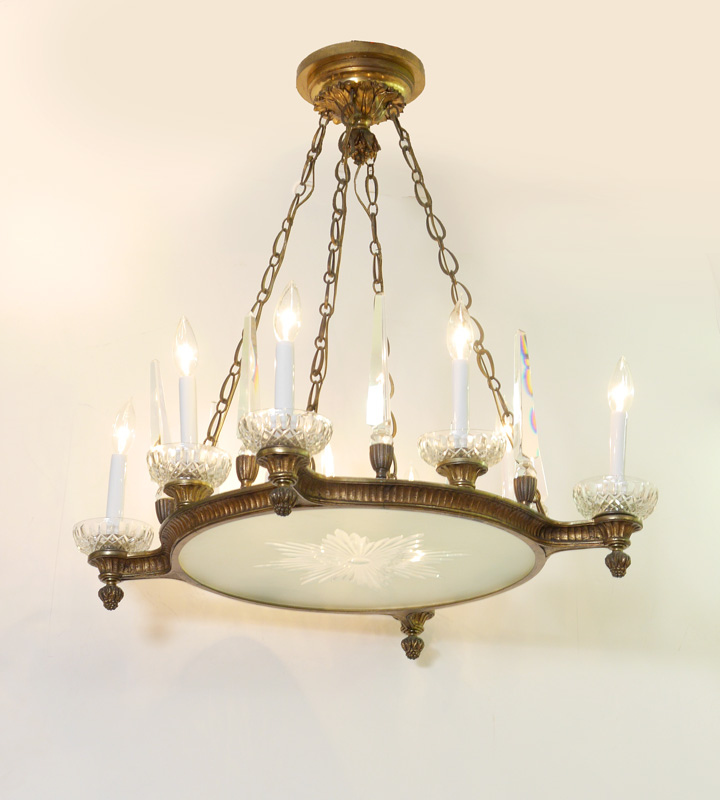 Appraisal: GILT BRONZE LIGHT CHANDELIER Unique design lights with crystal bobeche