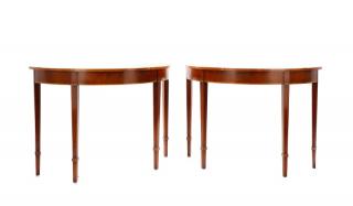 Appraisal: Pair of Mahogany Inlaid Demilune Console Tables Nicholas James Ltd