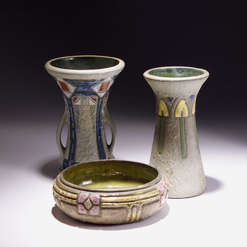 Appraisal: Three ROSEVILLE Mostique pieces to include two flaring vases and