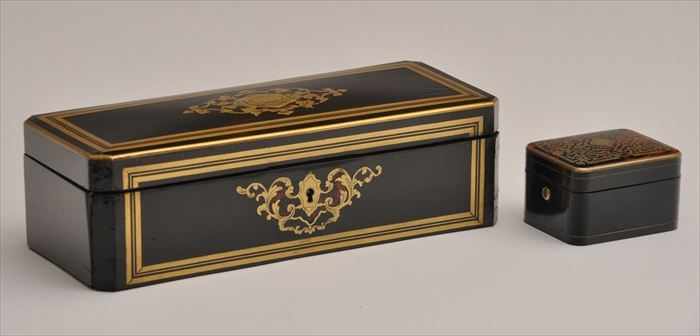 Appraisal: TWO BRASS-INLAID BOULLEWORK BOXES The larger with chamfered corners a