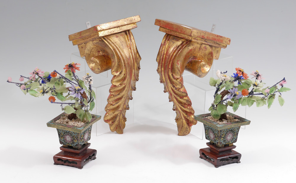 Appraisal: JADE TREES WITH GILT WOOD WALL MOUNTS Pair of assorted