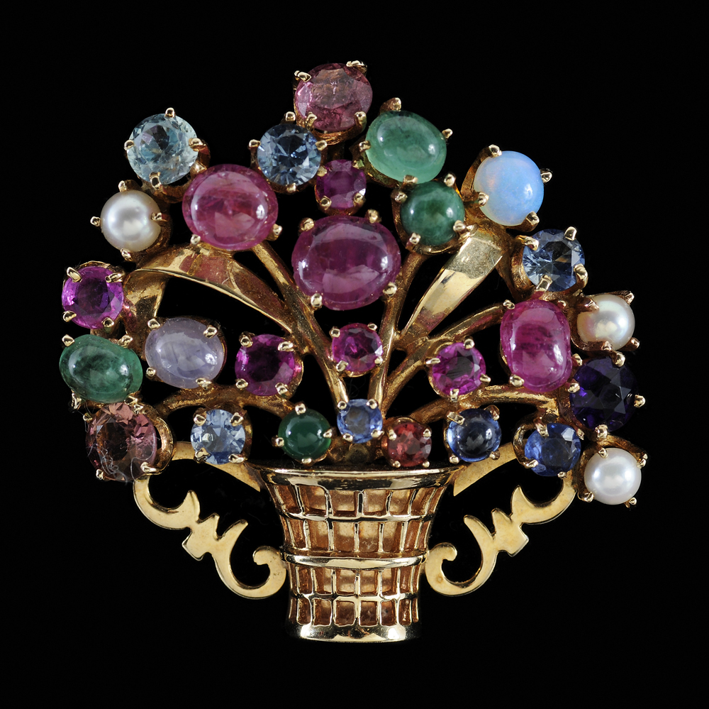 Appraisal: Flower Basket Brooch Pendant faceted and cabochon gemstones including amethyst