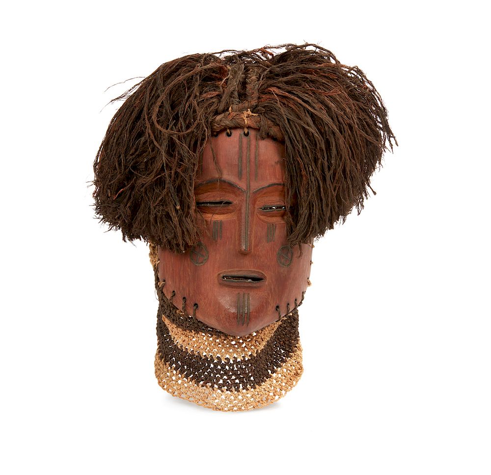 Appraisal: Chokwe Angola Wood Mask with Fiber Wig Chokwe Angola wood