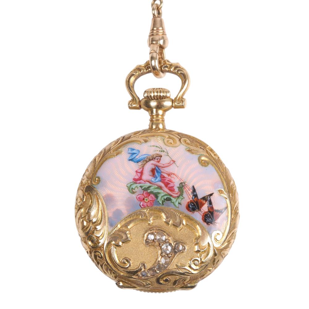 Appraisal: Antique French K gold ladies pocket watch pendant with guilloche