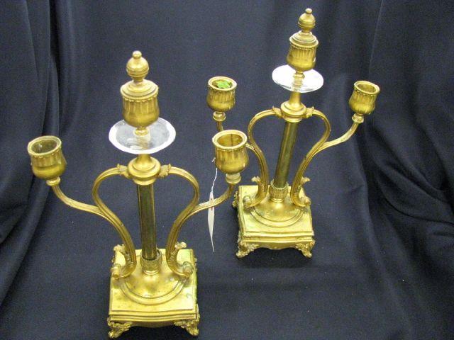 Appraisal: Pair of French Bronze Candelabra triple sconce dore finish crystal