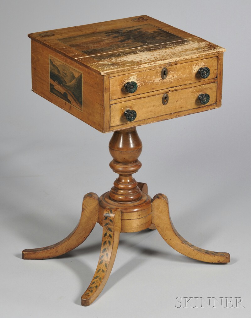 Appraisal: Classical Academy Penwork and Watercolor-decorated Maple and Pine Two-drawer Pedestal-base