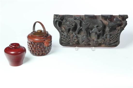 Appraisal: THREE ITEMS Asian late th-early th century Lacquerware tea caddy