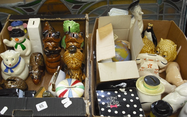 Appraisal: Two Trays of Various Money Boxes comprising Belleek Pig Sylvac