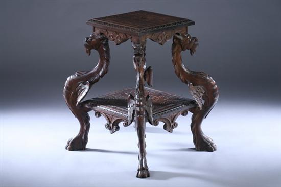 Appraisal: RENAISSANCE REVIVAL CARVED TWO-TIER CENTER TABLE th century Each carved