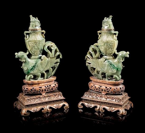 Appraisal: A Pair of Carved Celadon Jade Animal-Form Covered Vessels Height