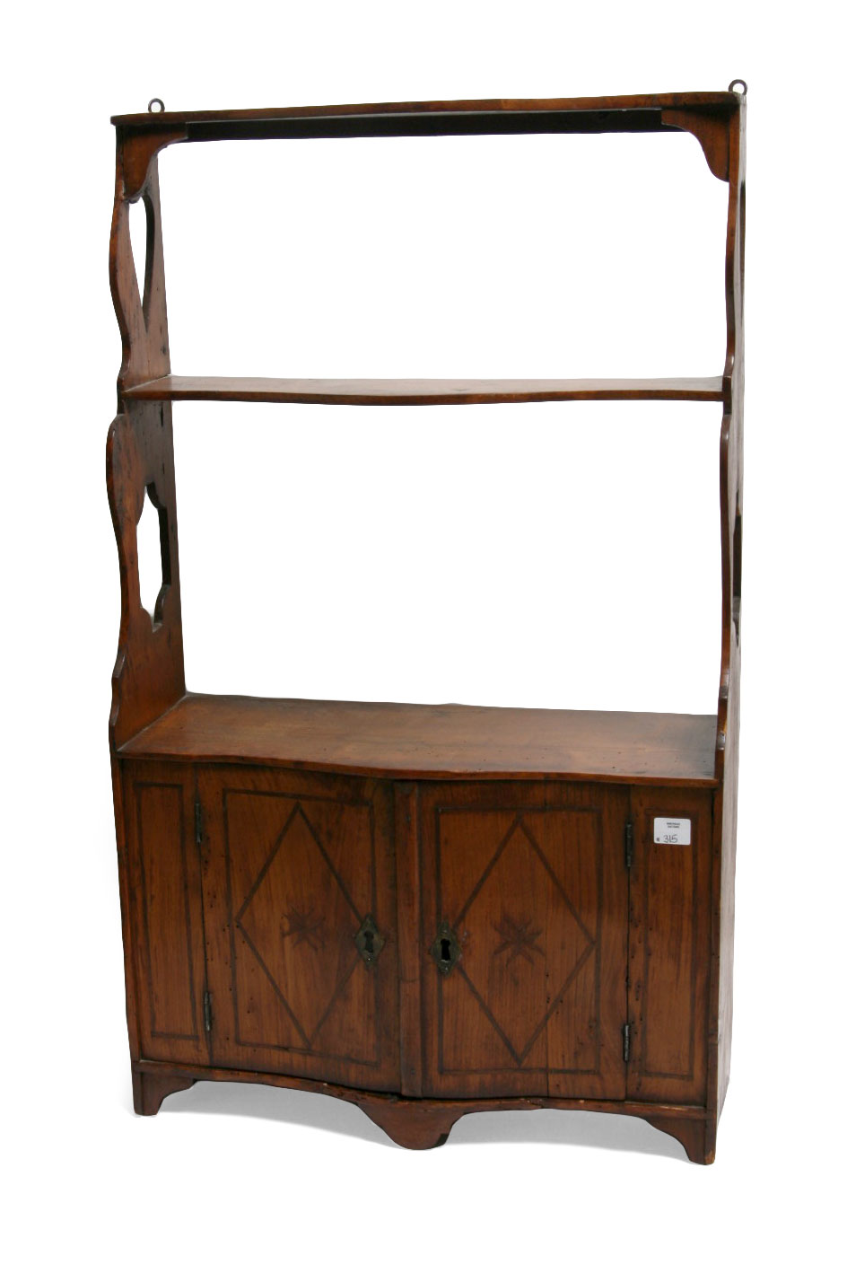 Appraisal: CONTINENTAL FRUITWOOD THREE-TIER HANGING SHELF WITH TWO CUPBOARD DOORS Height