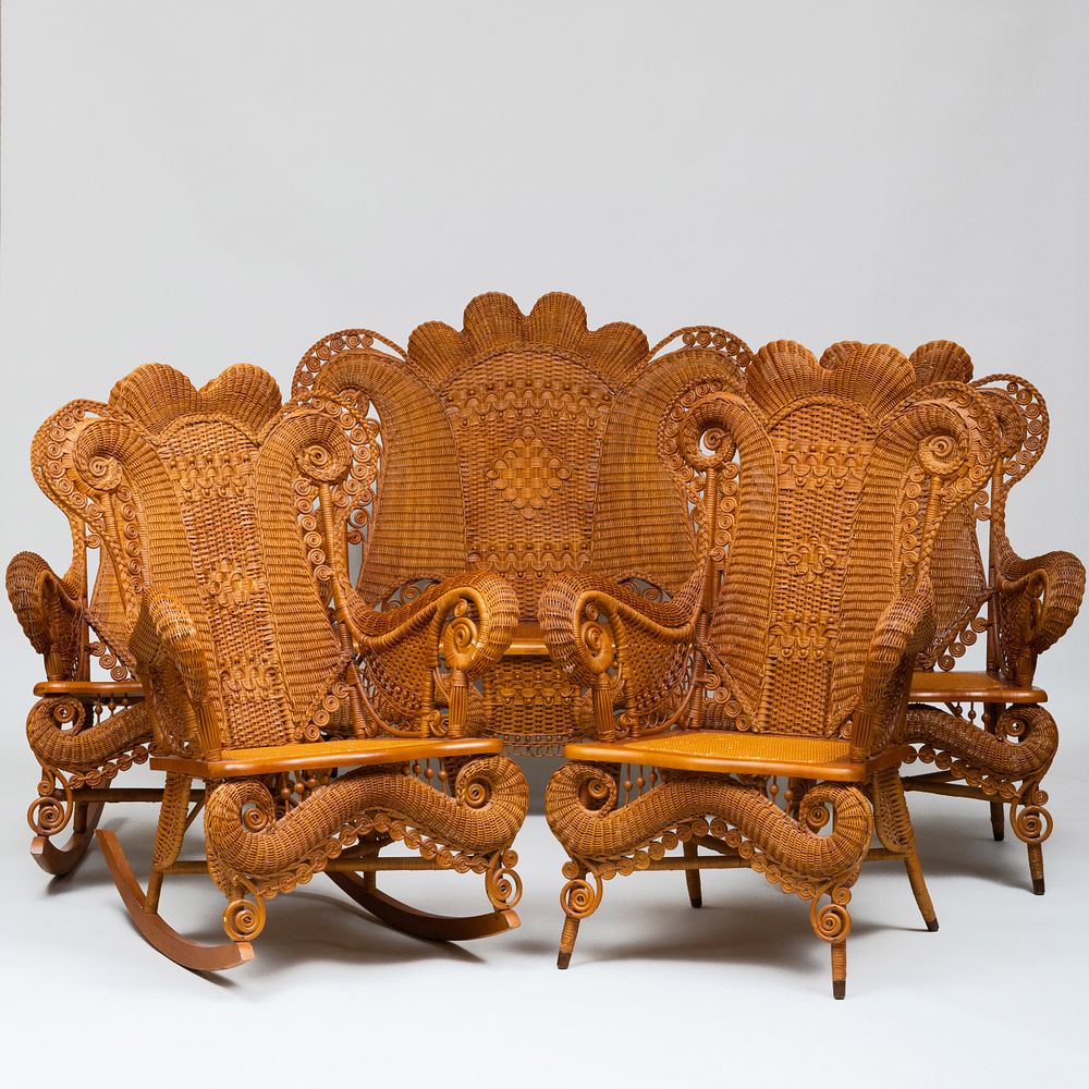 Appraisal: Suite of Victorian Style Wicker Furniture Comprising A Loveseat in