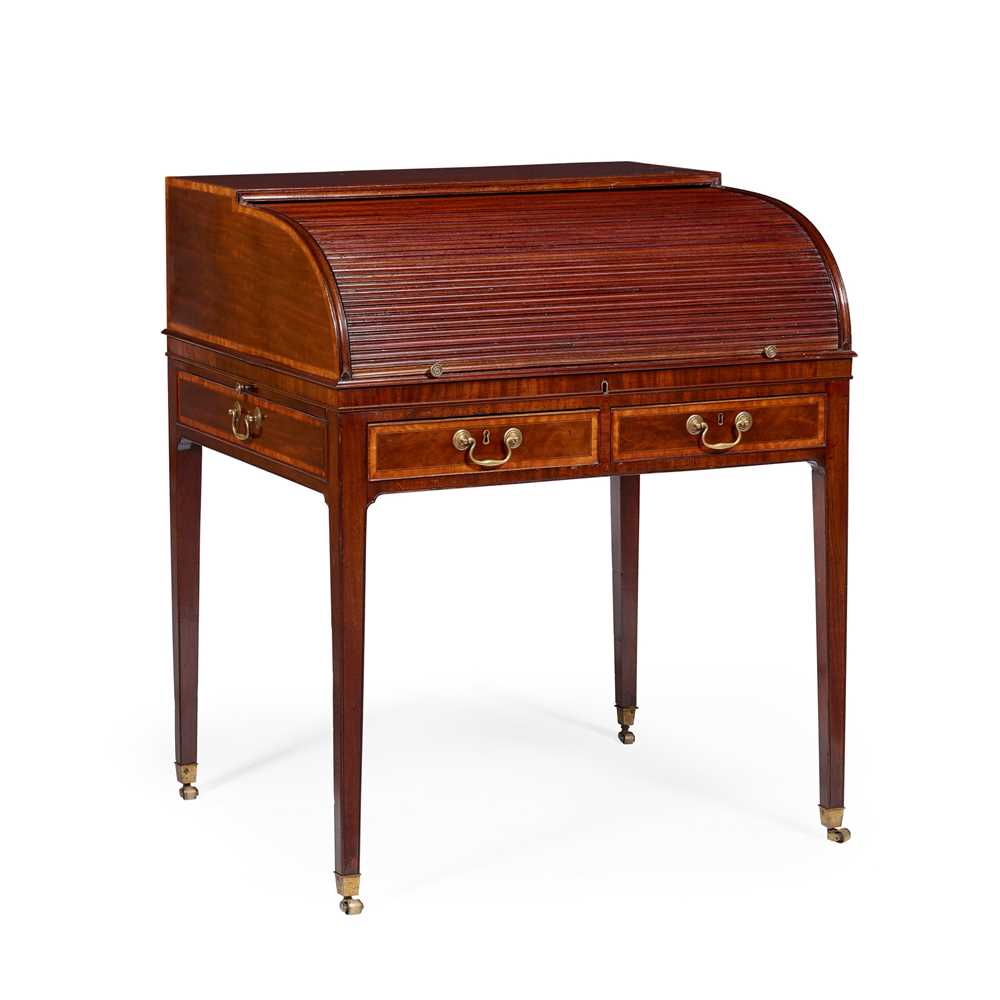 Appraisal: LATE GEORGE III MAHOGANY AND SATINWOOD TAMBOUR DESK LATE TH