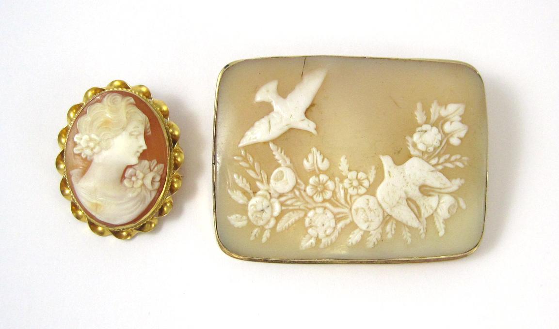 Appraisal: TWO CAMEO AND YELLOW GOLD BROOCHES including a large rectangular